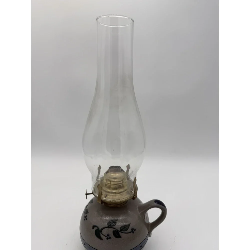 Rare Rowe Pottery Works Salt Glazed USA Oil Lamp Floral Pattern Painted 15”